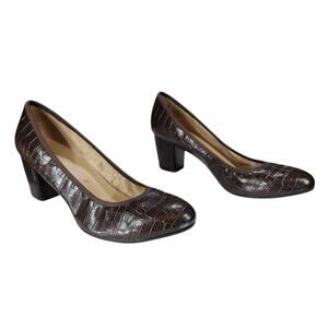 Naturalizer Pumps 9M Womens Naomi Brown Block Heel Round Faux Reptile Snake 2.4"